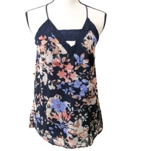 🌟 Japna Blue Peach Lace Floral Key hole Tank Top S